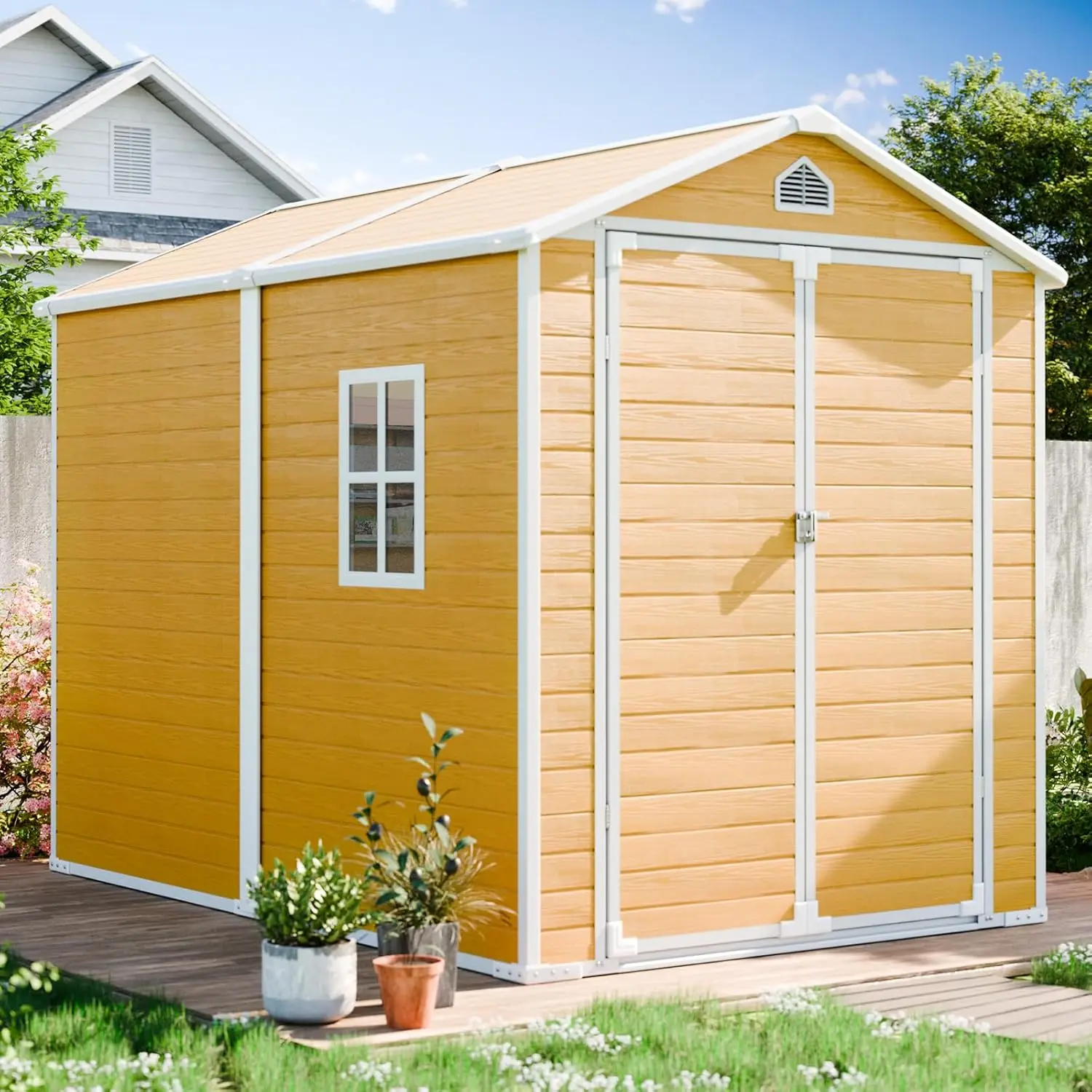 

8x6 FT Outdoor Storage Shed, Waterproof Resin Shed with Floor & Lockable Door & Window & Vents, Plastic Tool Shed for Backyard