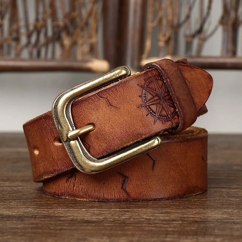 3.8CM Men High Quality Genuine Leather Belt Luxury Designer Copper Buckle Engrave Belts Pure Cowskin Strap Male Jeans for Man