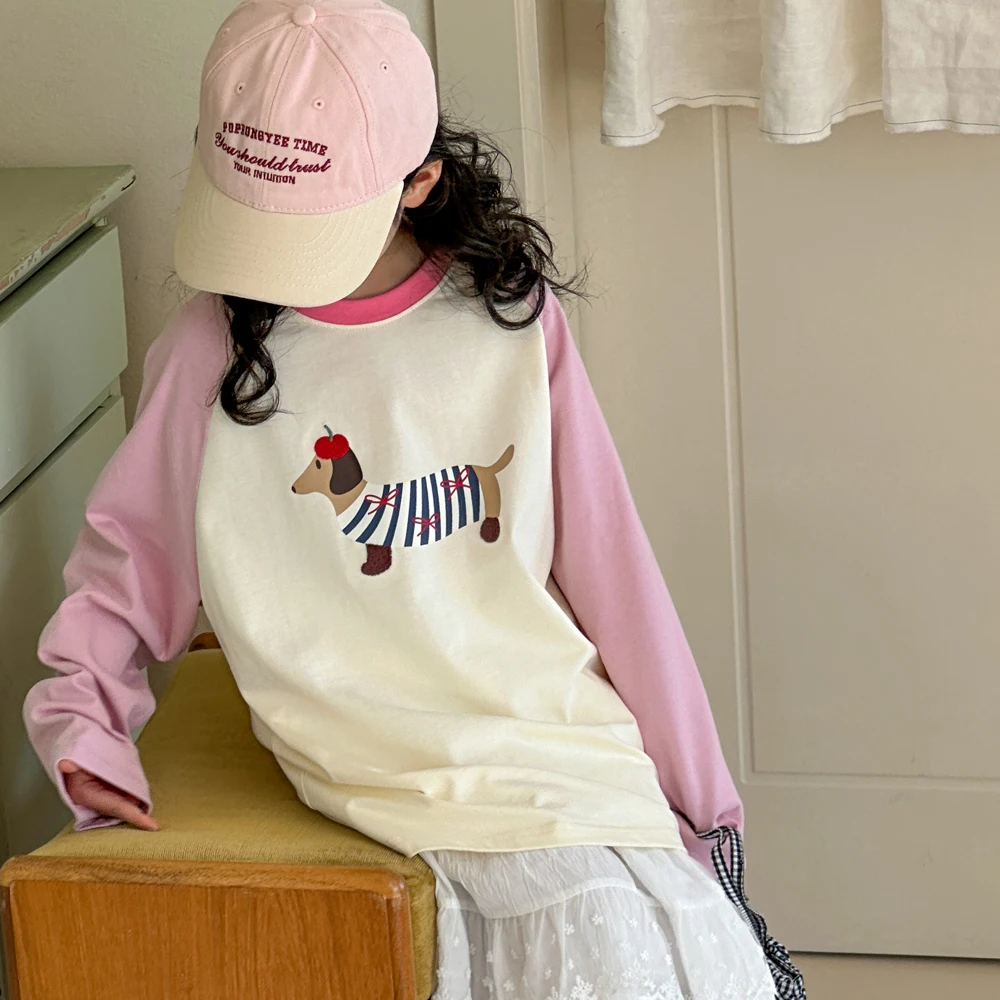

Girls Top Spring and Autumn Korean Edition Color Blocked Cartoon Printed Long Sleeved Bottom Shirt Casual Daily Versatile