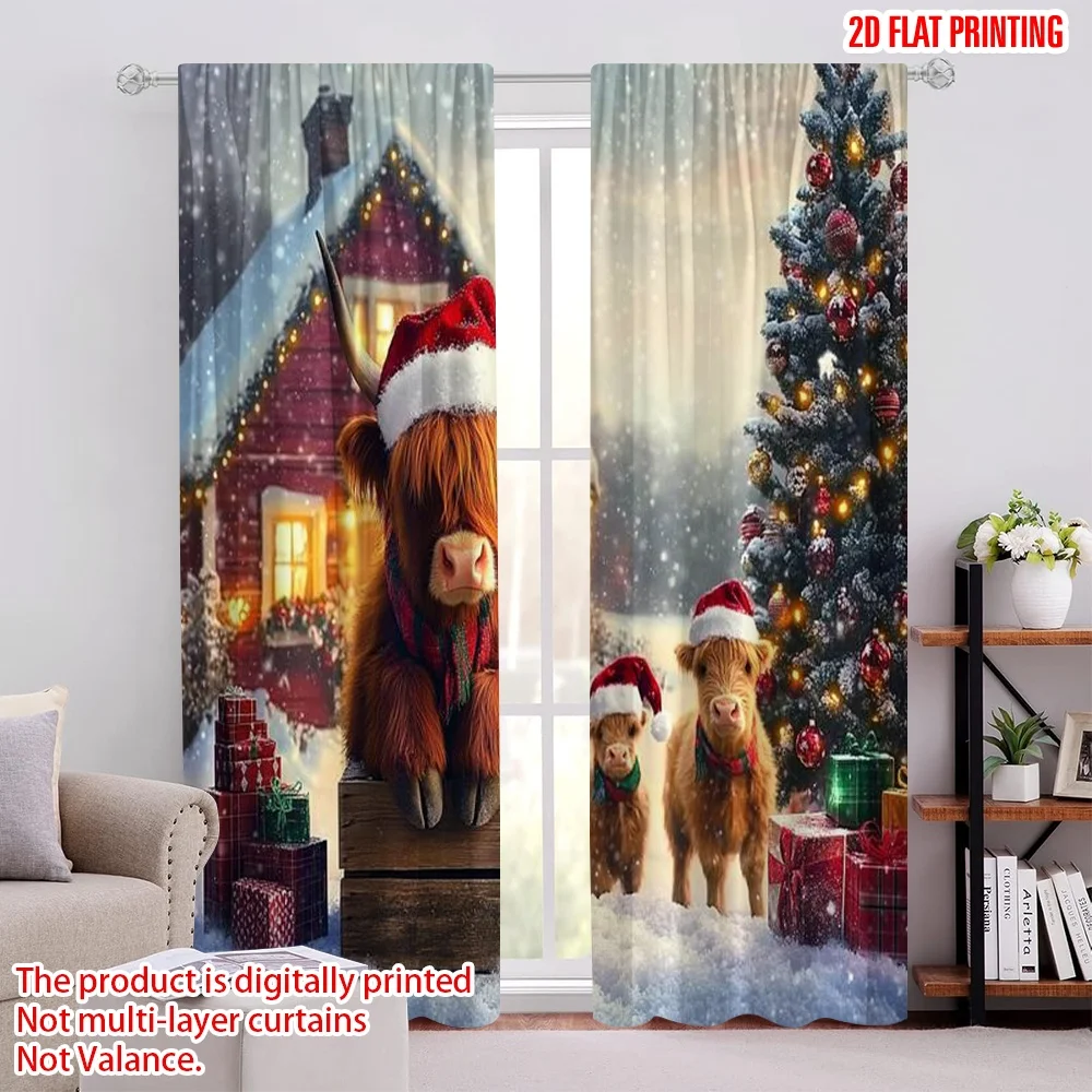 

2pcs 2D flat printing Christmas Drapes Highland Cow Christmas Durable 100% Polyester Fabric Without Electricity Versatile for