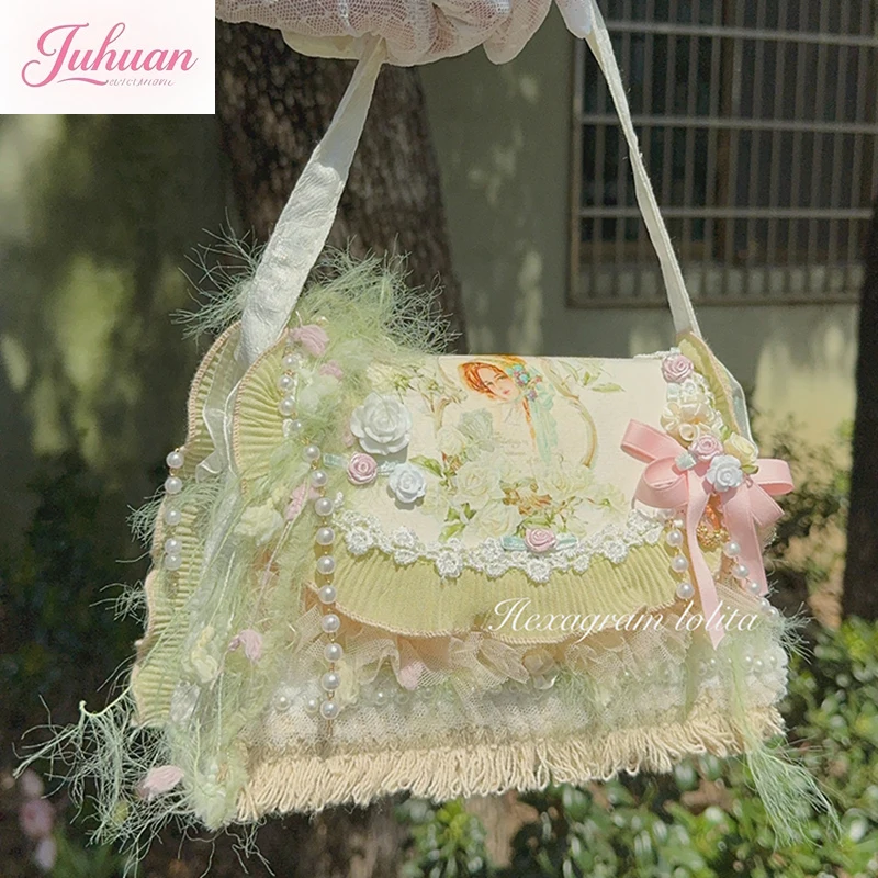 Jepang Vintage Manis Lolita Busur Renda Bunga Ruffle Pastoral Cla Gadis Yunai Tas Tangan Tas Kurir Lo Tas Kurir untuk Wanita