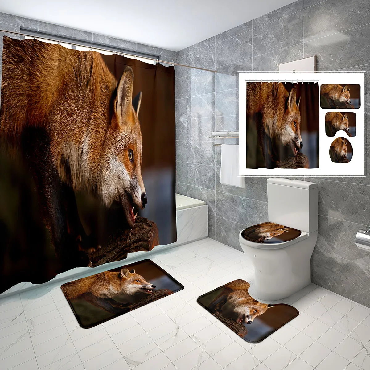 4-Piece Set Forest Wildlife Shower Curtain with Hooks Non-Slip Bath Mat,Toilet Lid Cover Waterproof Bath Curtain Decor Bathroom