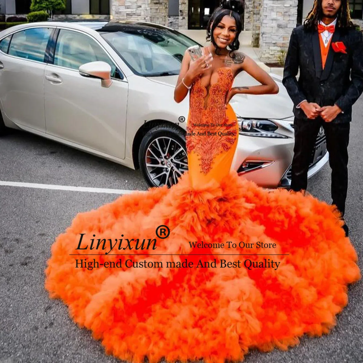 Orange Crystal Sequined Mermaid Prom Dress Diamonds Ruffle Evening Dresses For Black Girl Luxury 2024 Birthday Party Gowns