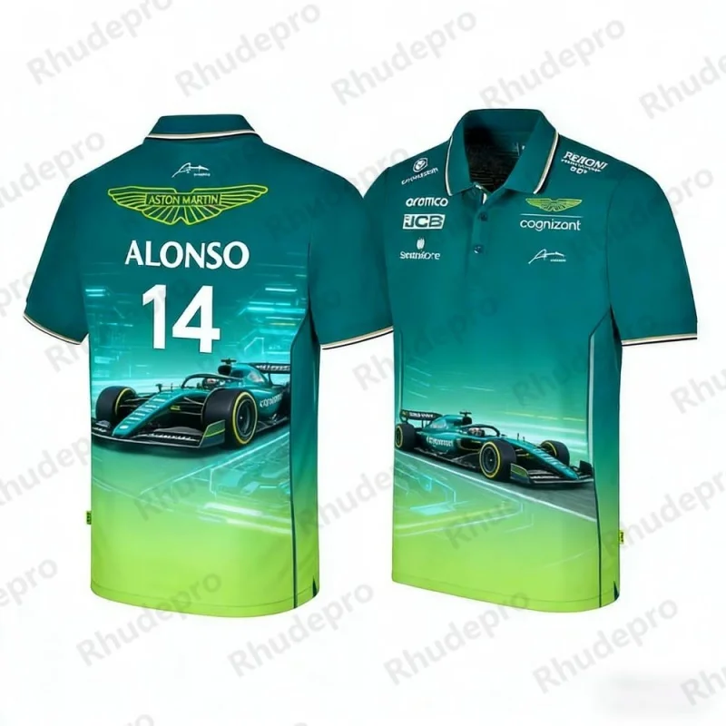 アストンマーティン-チーム-アロンソ-14-f1-レーシングテーマ-ポロシャツ-カジュアルスポーツウェア-レーシングファン向け-デイリー＆イベントウェア