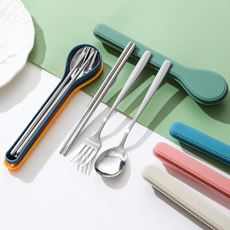 Four Piece Cutlery Set With Box Stainless Steel Korean Cutlery Spoon Fork Chopsticks Spoon Shape Box Cutlery Travelling