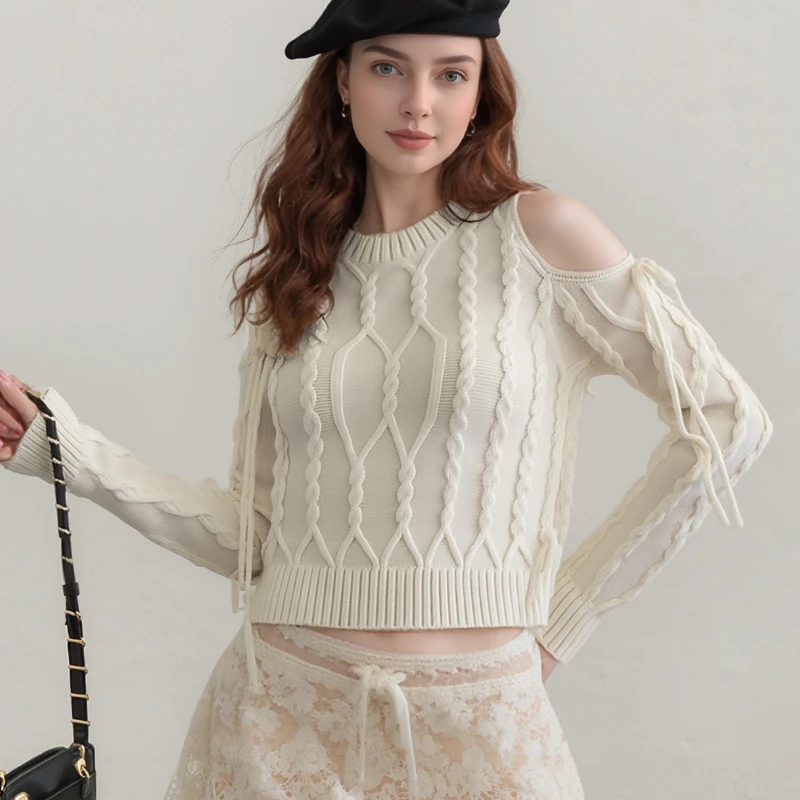 

Зимний женский свитер, осенний, с круглым вырезом, свободный, с длинными рукавами, вязаный топ с завязками, повседневный джемпер, пуловер с открытыми плечами