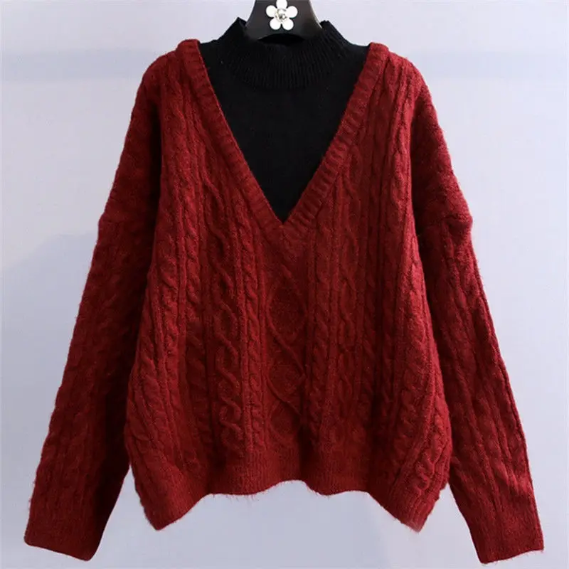 Modny sweter damski z golfem, imitacja dwuczęściowego kompletu, luźny krój, jesień-zima, nowy, gruby, w stylu retro.