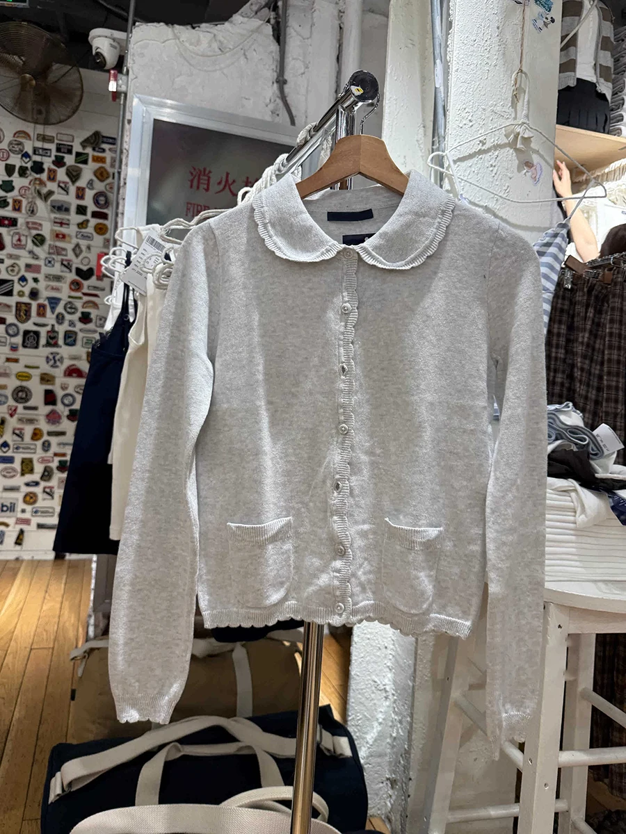 الدانتيل تقليم بيتر بان طوق البحرية سترة المرأة الخريف نمط Preppy الحلو واحدة الصدر طويلة الأكمام جيب ضئيلة محبوك سترة