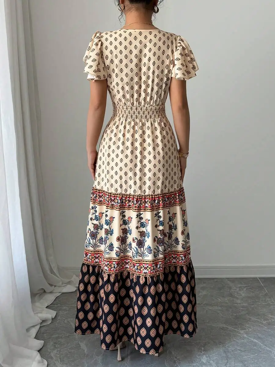 

Women Bohemian Printed V-Neck Ruffle Sleeve Belted A-Line Maxi Dress Summer Holiday Elegant