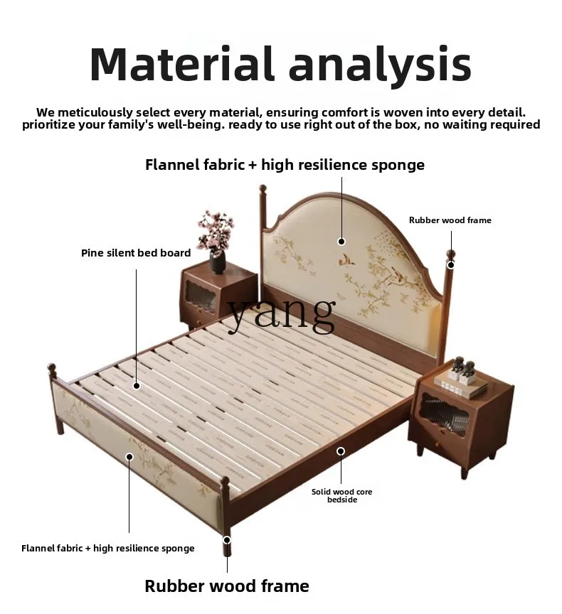 LMM solid wood bed 1.8 meters double bed Guochao new Chinese retro B & B hotel soft bag bed