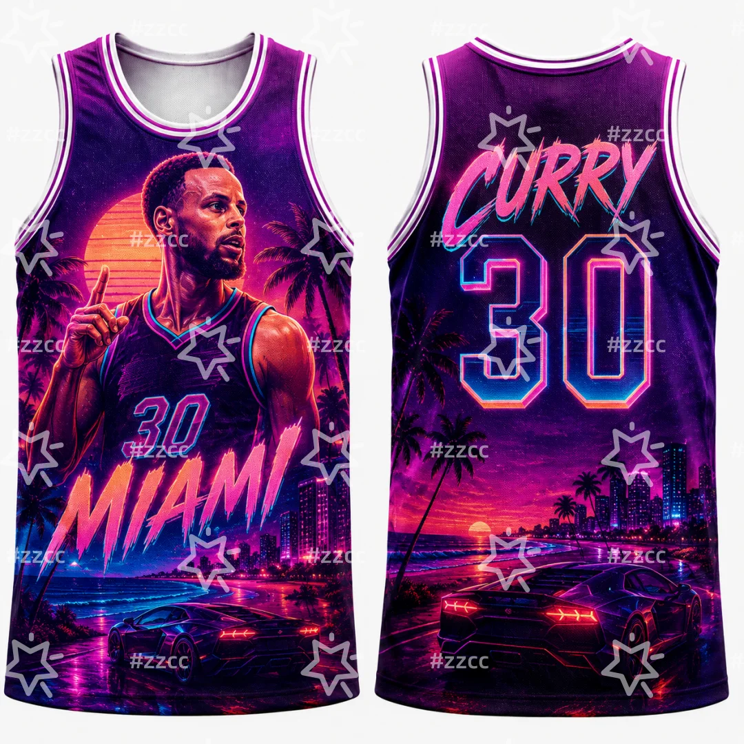 2026 Curry Basketball jersey Retro Miami Coast Graphic T Shirt Men Neon Sunset City Street Jersey Kids Tshirt cycling jersey ﻿ ﻿