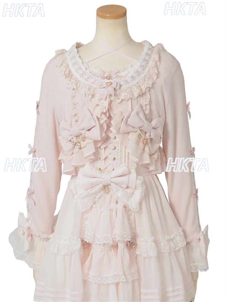 

Японская милая куртка Лолиты для девочек, кружевной бант в форме сердца, горный хрусталь, рог, длинный рукав, короткий вязаный кардиган, топ, черное пальто для женщин