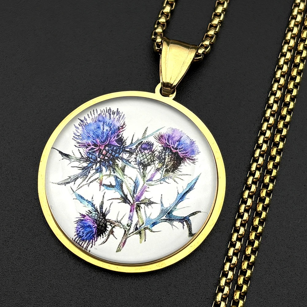 Retor Scotland Thistle Flower Chain für Damen und Herren, Edelstahl, Glas, dunkle Landhaus-Punk-Ästhetik, Halskette, Schmuck, Geschenke – Detail 4