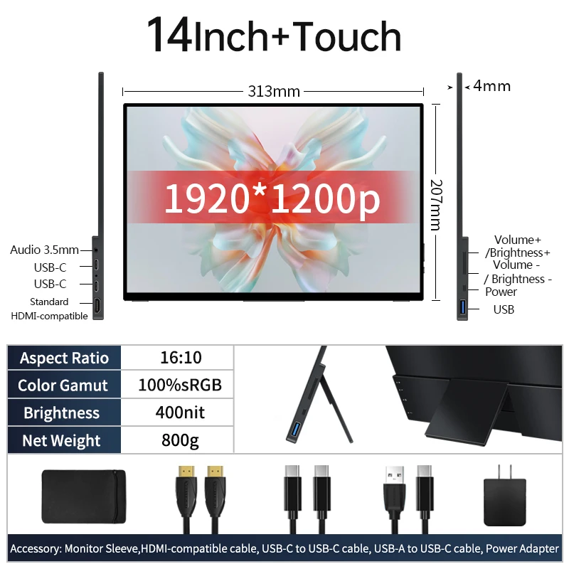 14 ''Fhd Touchscreen Draagbare Monitor 16:10 100% Srgb Slim USB-C Hdmi-Compatibel Tweede Scherm Voor Pc Laptop Switch Xbox Ps4 Ps5