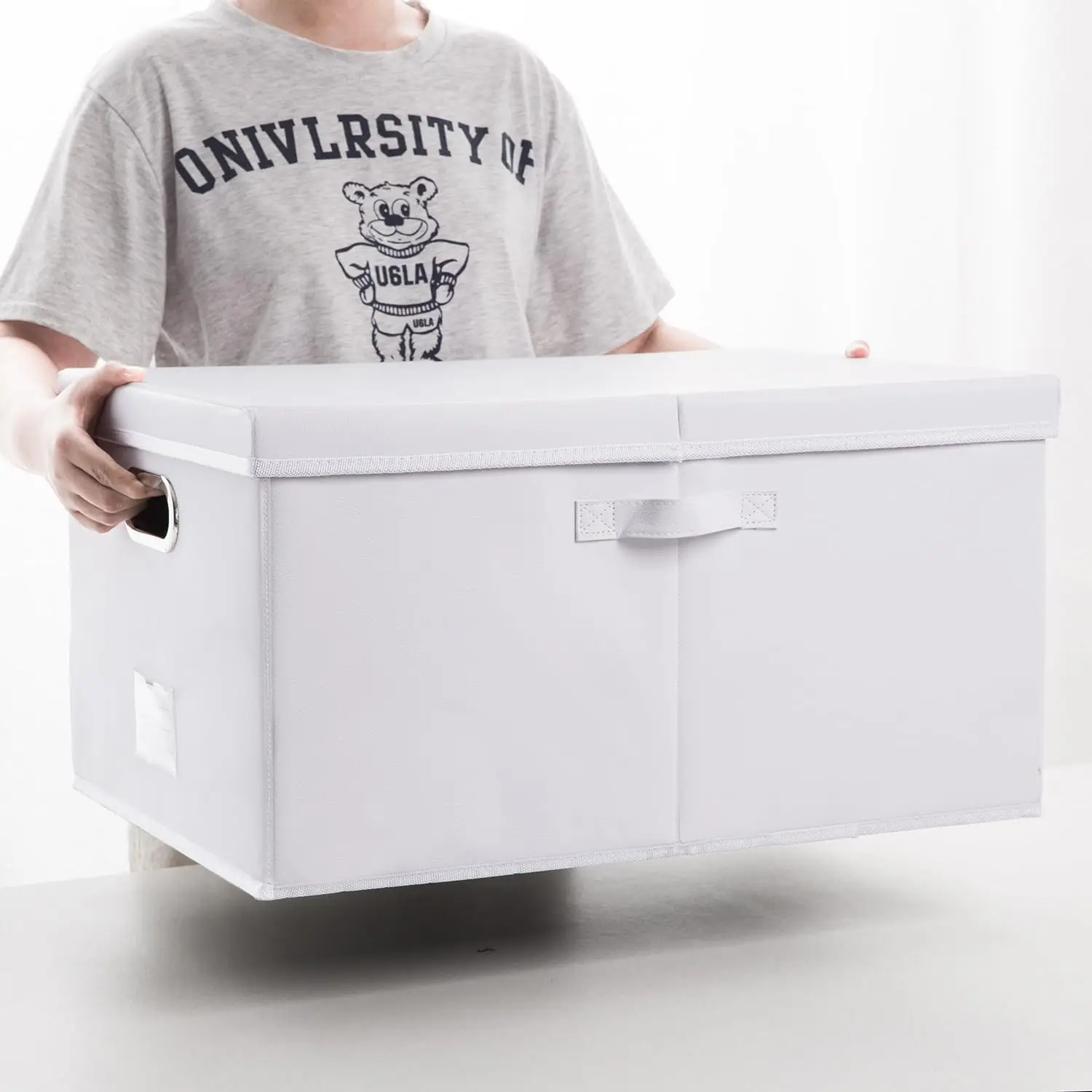 صندوق تخزين قابل للطي مع غطاء، حاوية تنظيم قماش قابلة للطي لخزانة المكاتب المنزلية، أبيض (22.8 × 15.7 × 11.8 بوصة)
