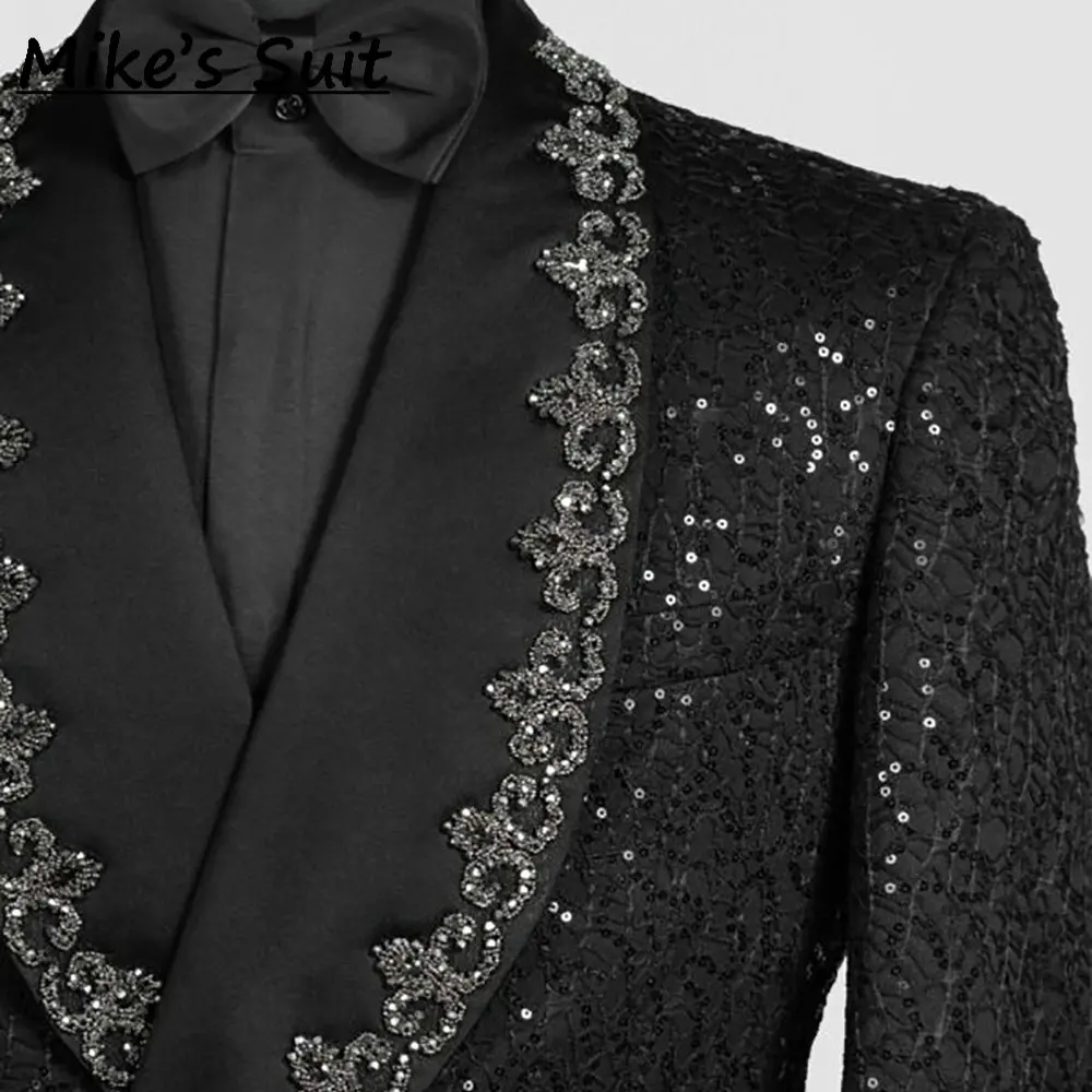Black Jacquard Sequined Men 2 Pieces Sets Suits Jacket And Pants Appliques Beading Customized Groom Party Tuxedos