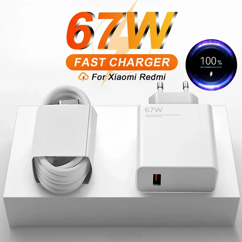 EU 6A 67W Ultra Fast Charger For Xiaomi 10 11 12 13 14 Redmi Note 11T 12 13 Pro POCO F4 F5 X4 X5 Turbo Rapid Charge Type C Cable