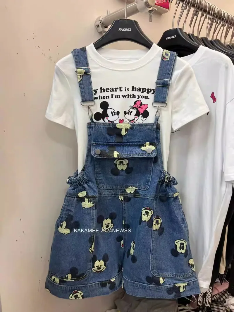 Young Cartoon Full Printed Denim Jumpsuit Women's Clothes 2024 Summer New American Style Loose Fashion Casual Jeans Short Pants