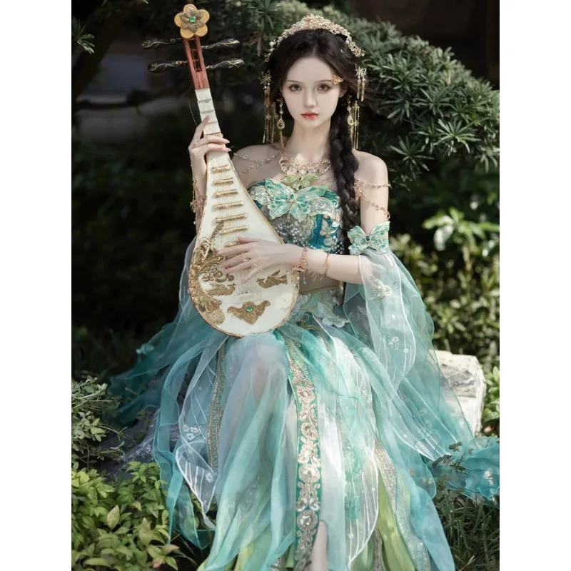 Exotic Style Han Element Set Heavy Butterfly Embroidery Bustier Feather Sleeve High Waist Skirt