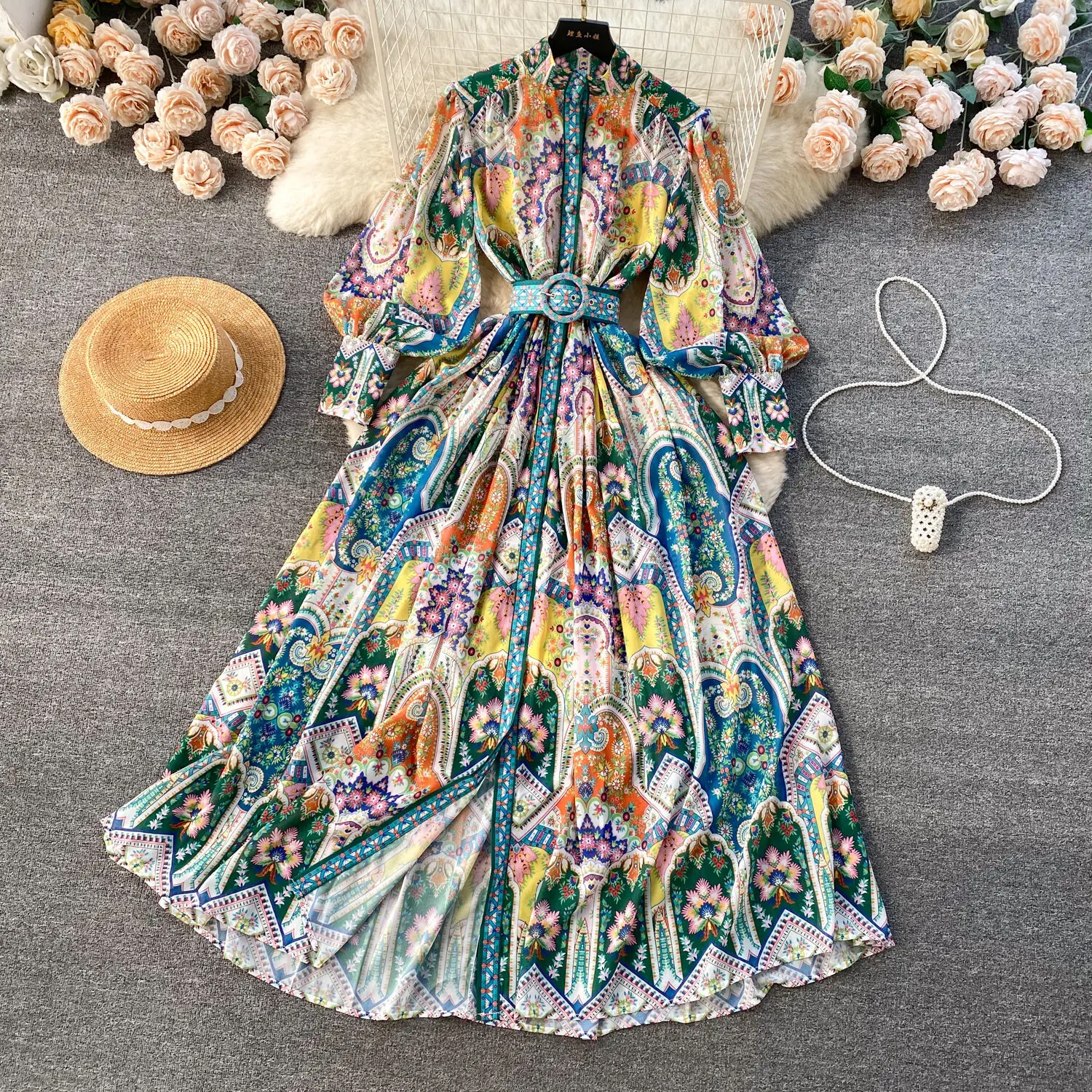 Summer Autumn Holiday Muslims Floral Maxi Chiffon Dresses Shirt Women's Lantern Long Sleeve Belt Print Loose Vestidos Midi Robe