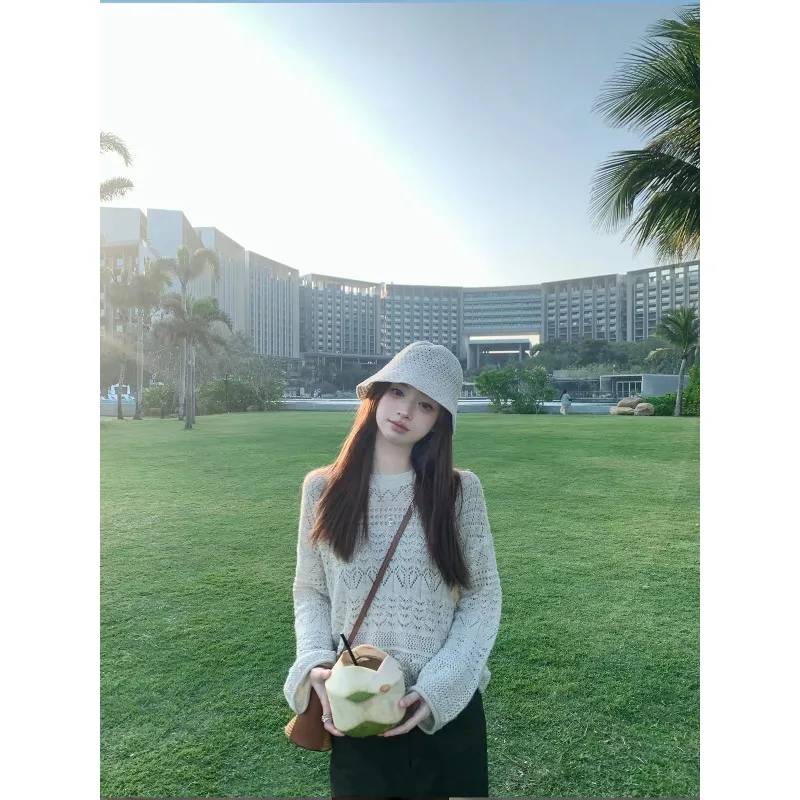 Korean Gentle Style Women Apricot Crochet Hollow Sweater Loose Drop Shoulder Knit Cover Up