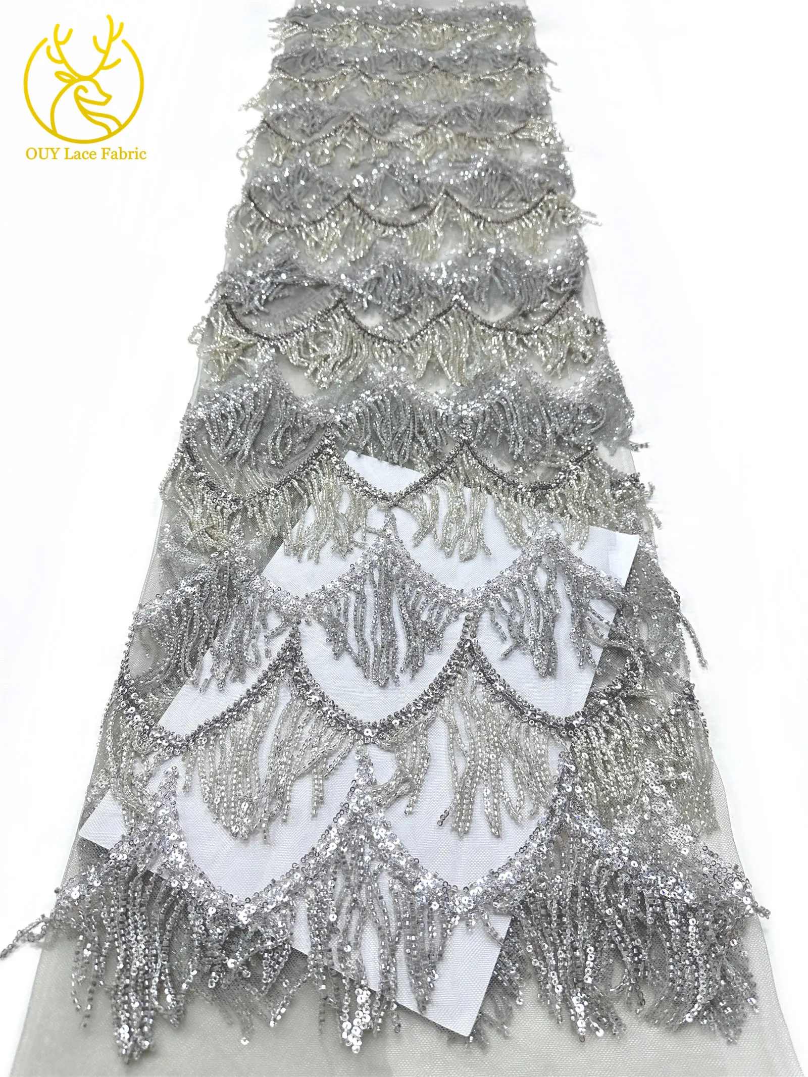 Hochwertiger nigerianischer 3D-Hängeperlen-Spitzenstoff, 5 Yards, hochwertiger französischer afrikanischer Pailletten-Spitzenstoff für Mädchen-Abendpartys – Detail 27