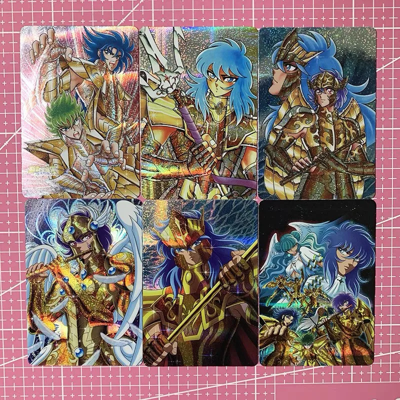 6pcs/set Saint Seiya Leo Camus Shura Refractive Gauze Flash Card Camus Aphrodite Dohko TCG Anime Game Collection Card Toy Gift