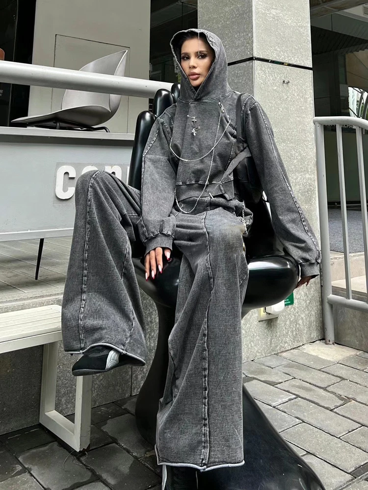 TWOTWINSTYLE Chic Two Piece Set For Women Hooded Long Sleeve  Top High Waist Wide Leg Pant Streetwear Sets Female Fashion New