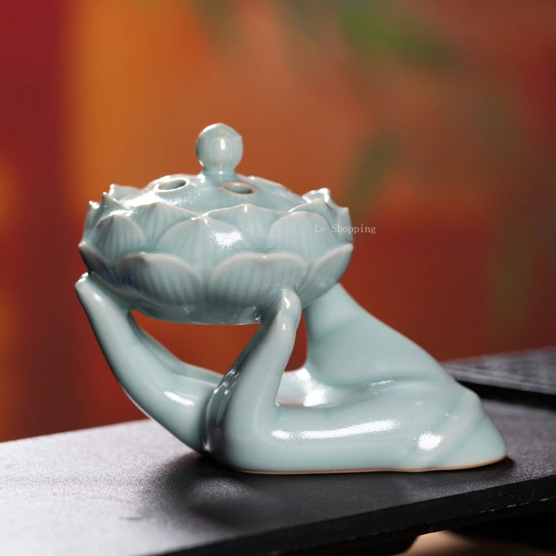 Celadon Incense Burner/Handheld Lotus Shape Temple Tea Room Study Tabletop Decoration Indoor Air Purification Religious Supplies