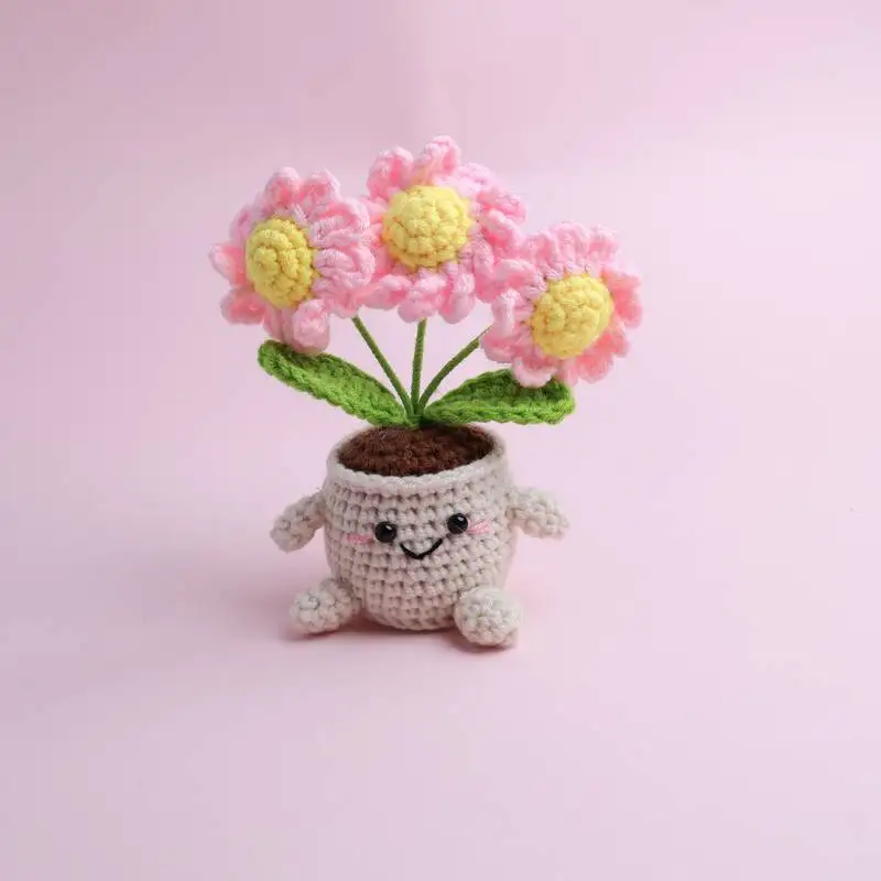 Niedliche Gehäkelte Gänseblümchen-Topfpflanze Handgefertigte Gewebte Blätter Kreative Kunstpflanzen Desktop-Bücherregal-Deko Geschenk – Detail 5