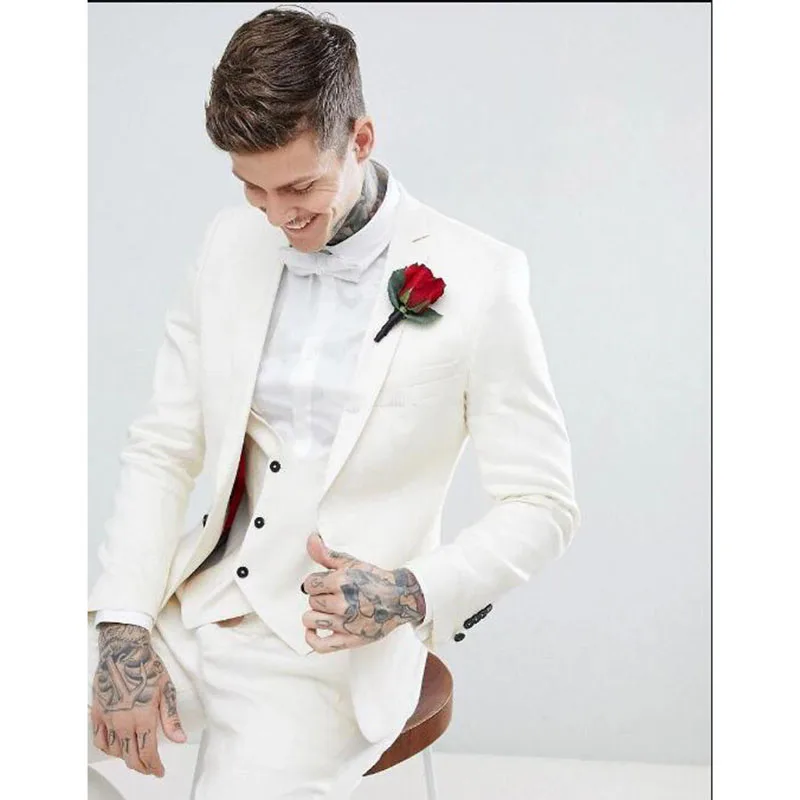 

New Groomsmen Suit for Wedding Notch Lapel Groom Tuxedo Ivory Men Suits Wedding/Prom/Dinner Best Man Blazer ( Jacket+Pants+Vest)