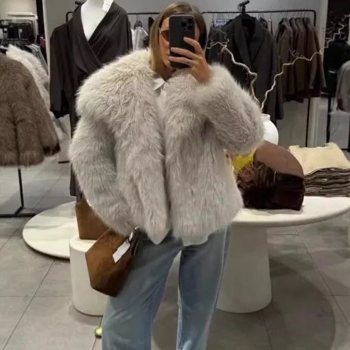 

Women's Faux Fur Jacket Fall Winter Retro Fashion High Street Warm Turn-Down Collar Plush Wool Coat Loose Long Sleeve Outerwear