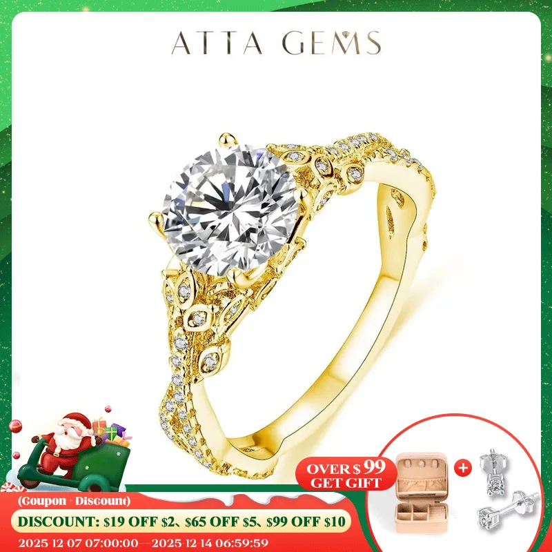 

ATTAGEMS 2.0CT Moissanite Rings Round Cut D Color VVS1 Pure 18K 14K 10K Gold Plated Engagement Wedding Diamonds Rings For Women