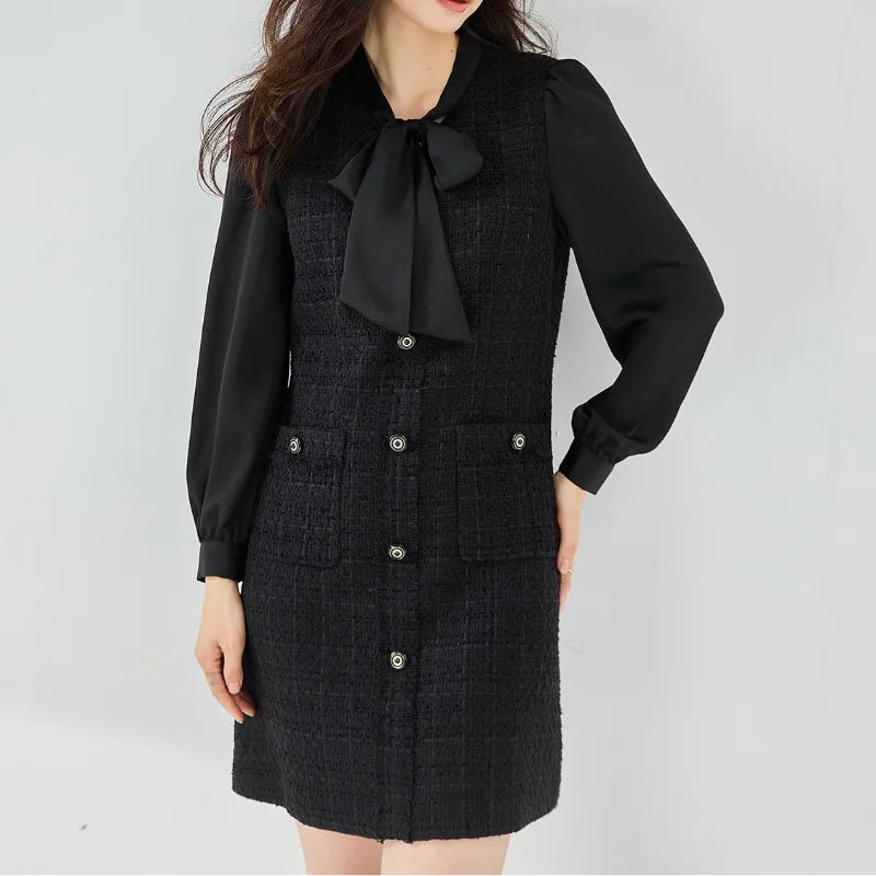 

Autumn Ribbon Bow Collar Small Fragrance Long Sleeve Dress Women Elegant Slim Loose Basic Commuter Tweed Black Lady Dresses 1462