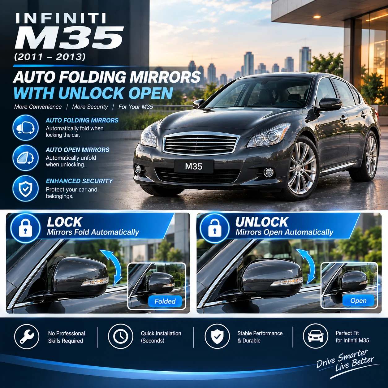 Automatic side mirror folding module for Infiniti M35: mirrors fold when locking the vehicle and unfold when unlocking.