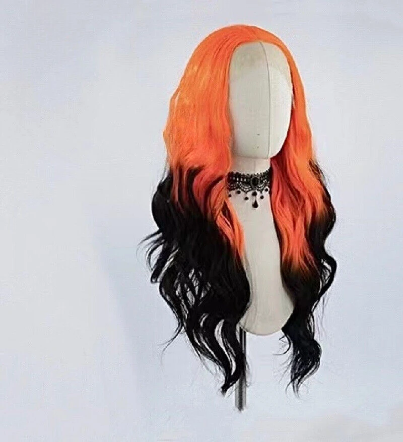 Orange into Black Loose Wavy Synthetic Lace Front Wavy Cosplay Wigs