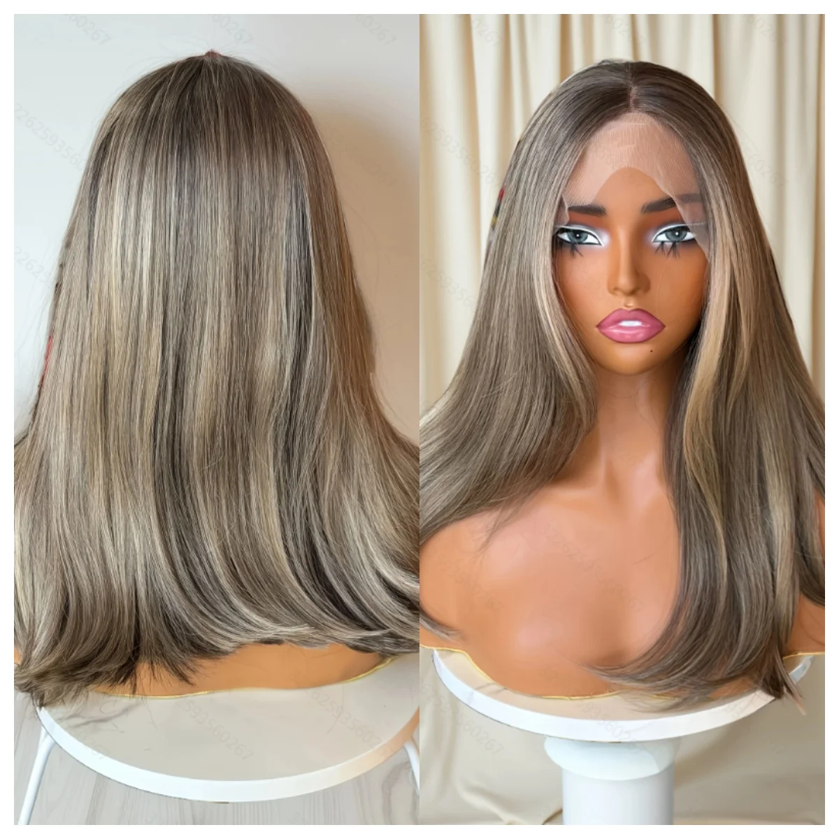 Ombre Brown Ash Blonde Synthetic 13x4 Lace Front Wig for Women Natural Straight Layered Heat Resistant Daily Use Wig