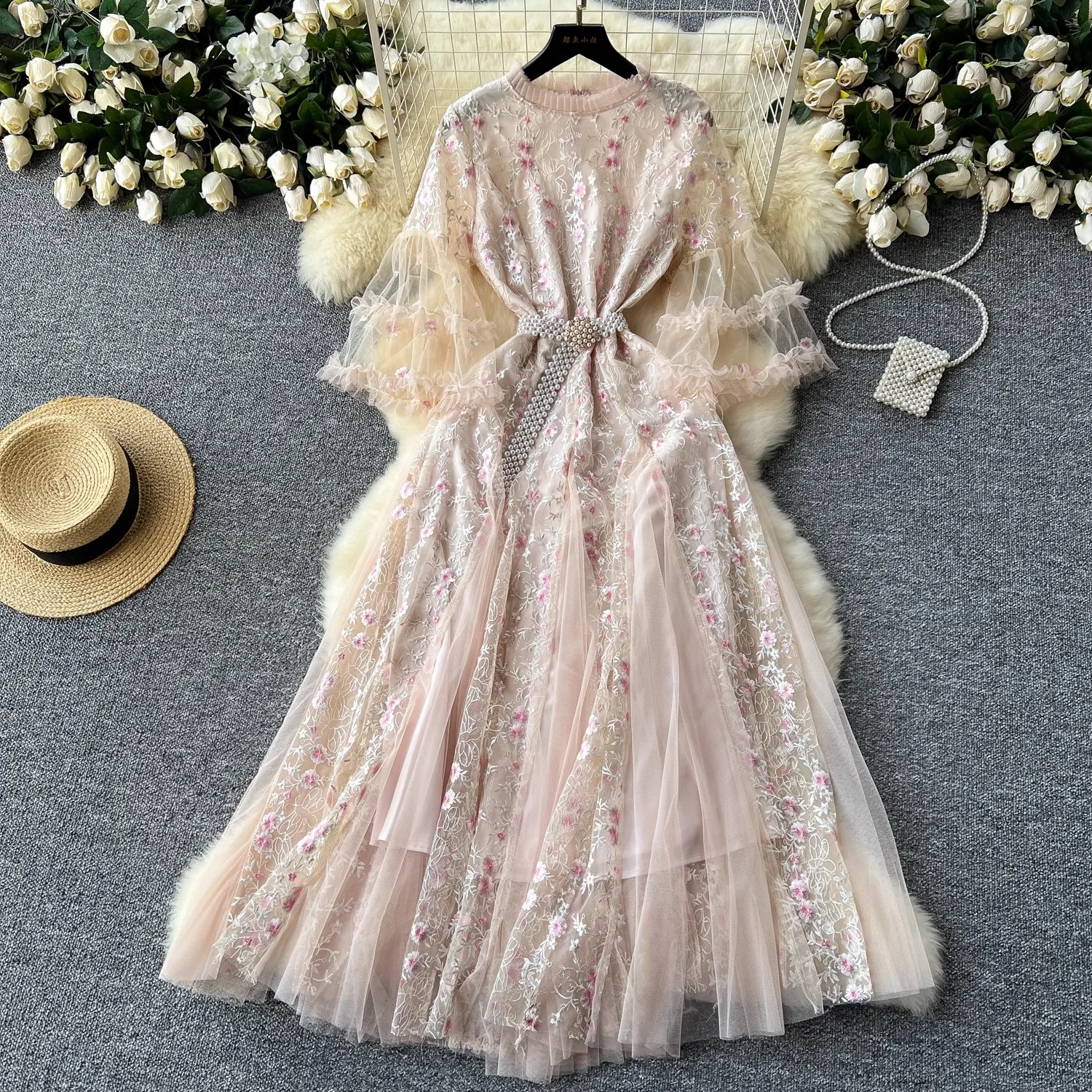 Runway Holiday Ruffles Mesh Tulle Floral Print Long Dress Women\'s Flare Sleeve Pearl Belt Embroidery Evening Party Vestidos Pink