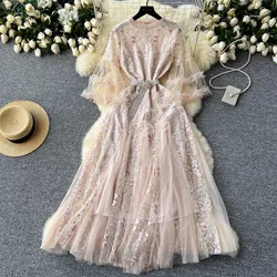 Runway Holiday Ruffles Mesh Tulle Floral Print Long Dress Women's Flare Sleeve Pearl Belt Embroidery Evening Party Vestidos Pink