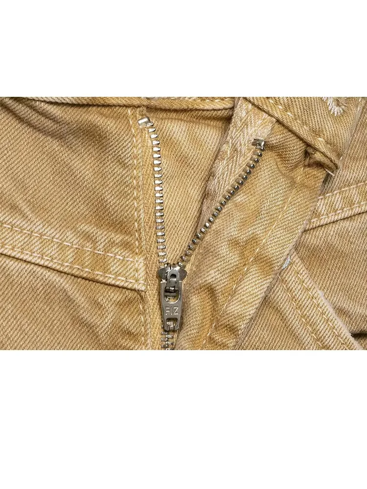 Celana Jeans Wanita HH 2025 Musim Gugur Model Vintage Warna Ocher Pinggang Rendah Kaki Lebar Warna Solid Dengan Saku Resleting Celana Lurus Mujer