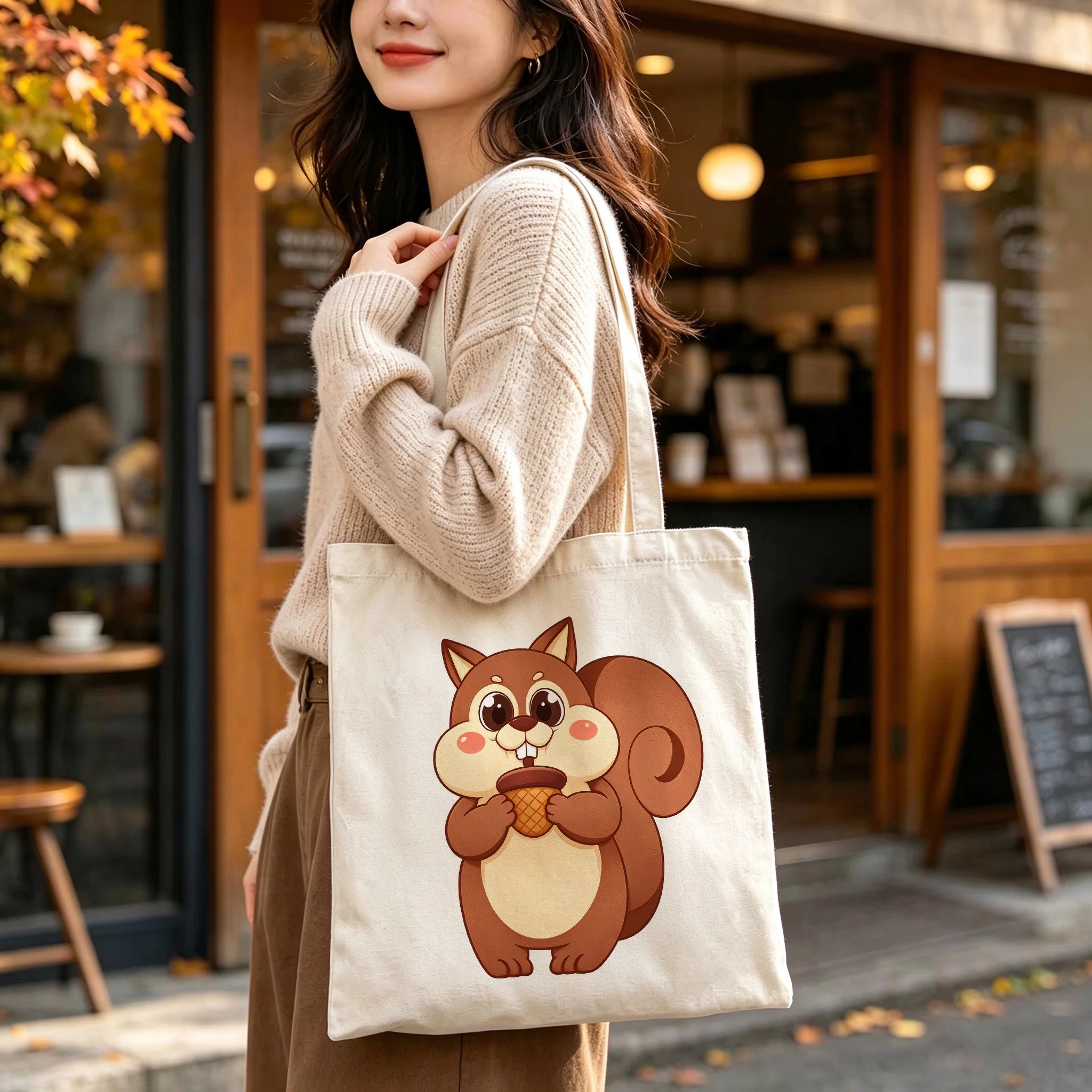 Personalized Cute Squirrel Canvas Tote Bag Custom Name Little Kawaii Cartoon Acorn Grocery Shopping Bag Reusable for Women Gifts