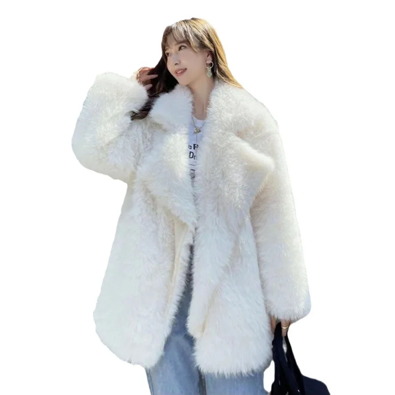 Français élégant Noble Socialite couleur unie hiver chaud charmant exquis confortable lisse doux à la mode fausse fourrure vêtements d'extérieur