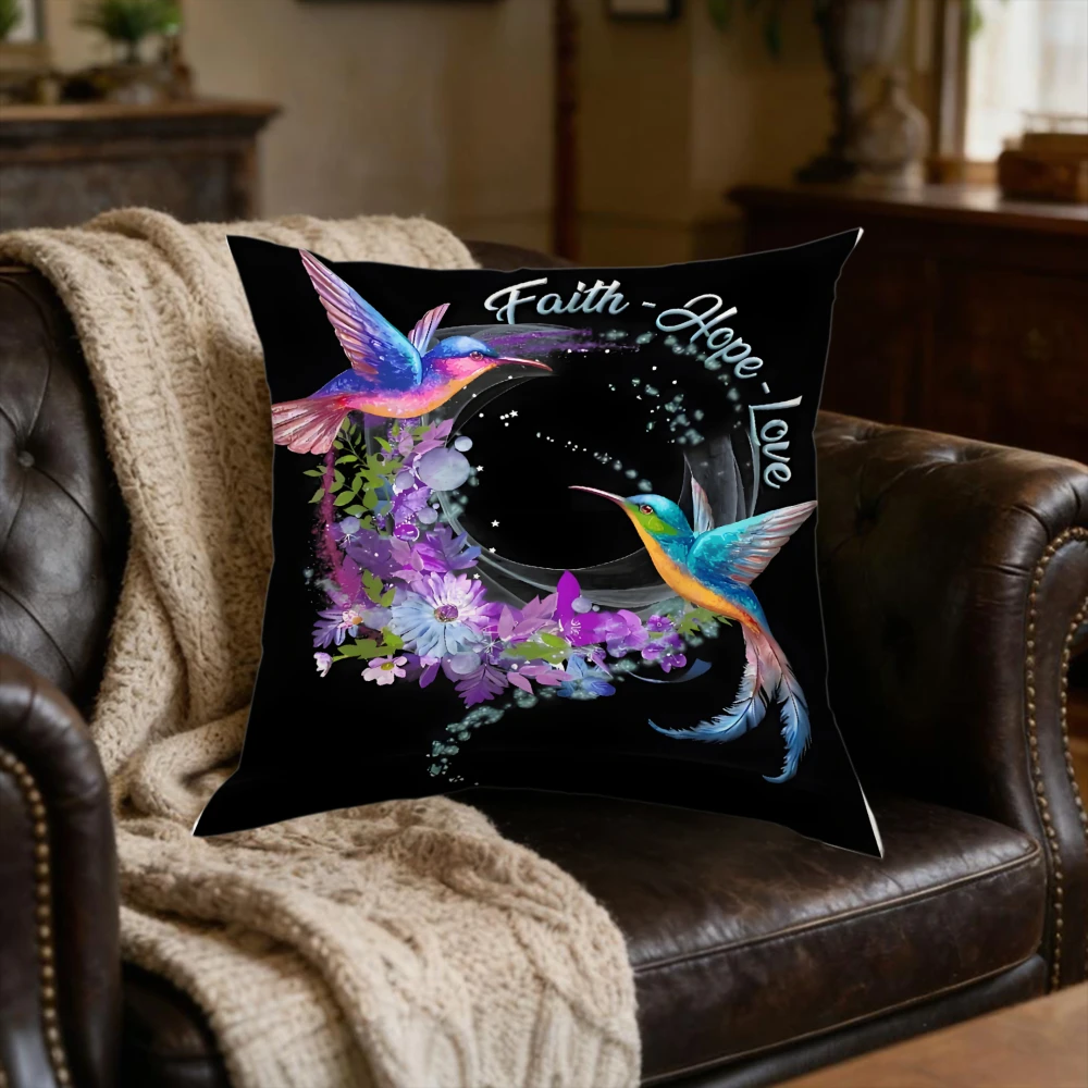 1Pc Modern Cushion Cover Black Hummingbird Floral Faith Hope Love Pillowcase For Sofa Bedroom Decorative Throw Case Home Gift