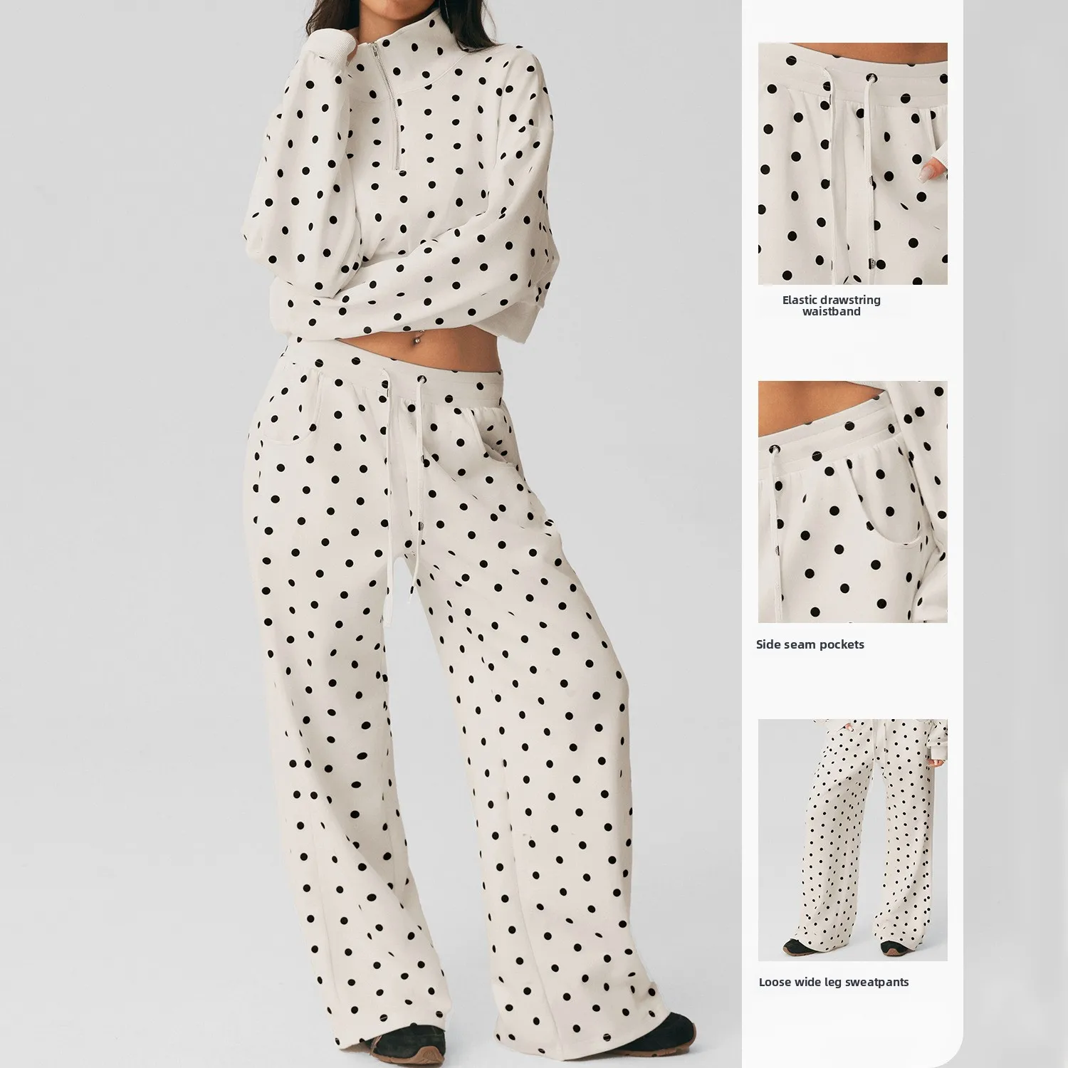 Fashion Women 2 Piece Polka Dot Sports Set Outdoor Sweatshirt Outfit Half Zip Long Sleeve Crop Top High Waist Wide Leg Pants