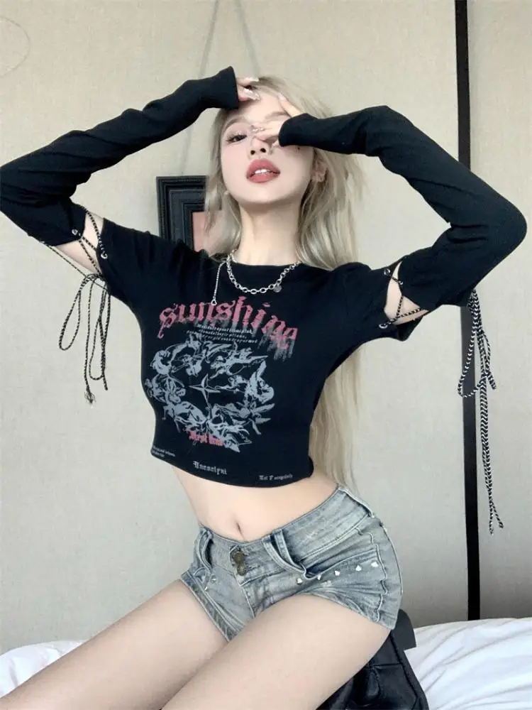 Onalippa American Vintage Style T-shirt Women Autumn Strap Sleeve Tight Letter Printed Millennium Spicy Girl Slimming Short Top