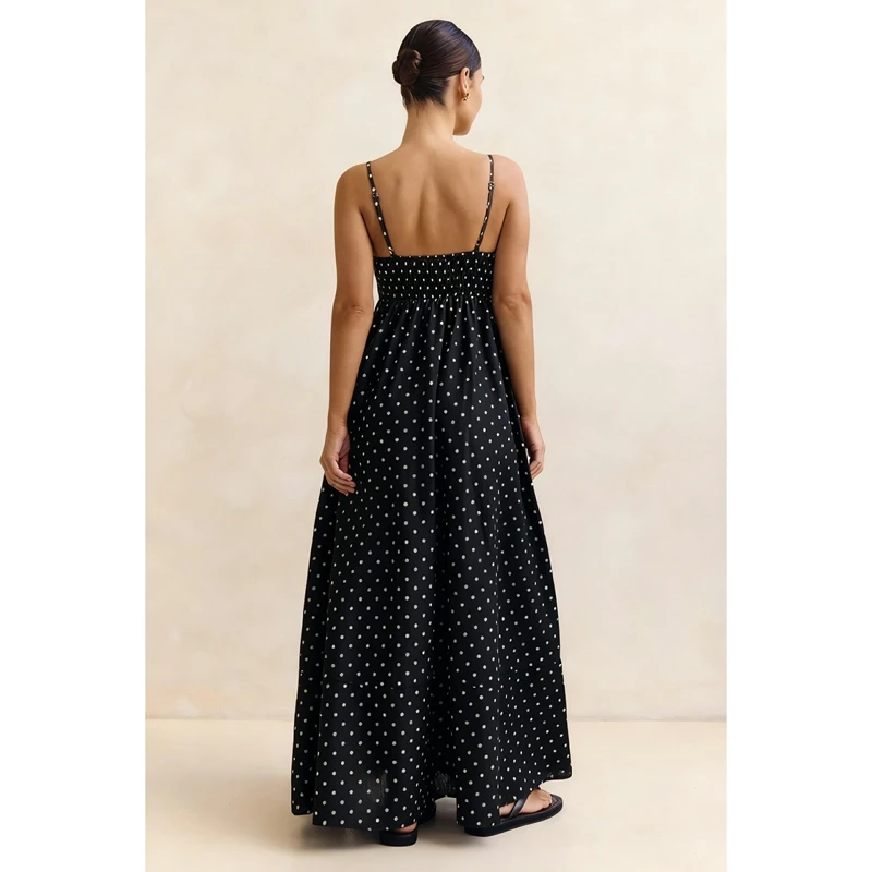 فستان نسائي صيفي سهل الارتداء منقط مطبوع بدون أكمام بحزام سباغيتي سموكيد بدون ظهر فستان طويل على شكل حرف A مع جيوب #4