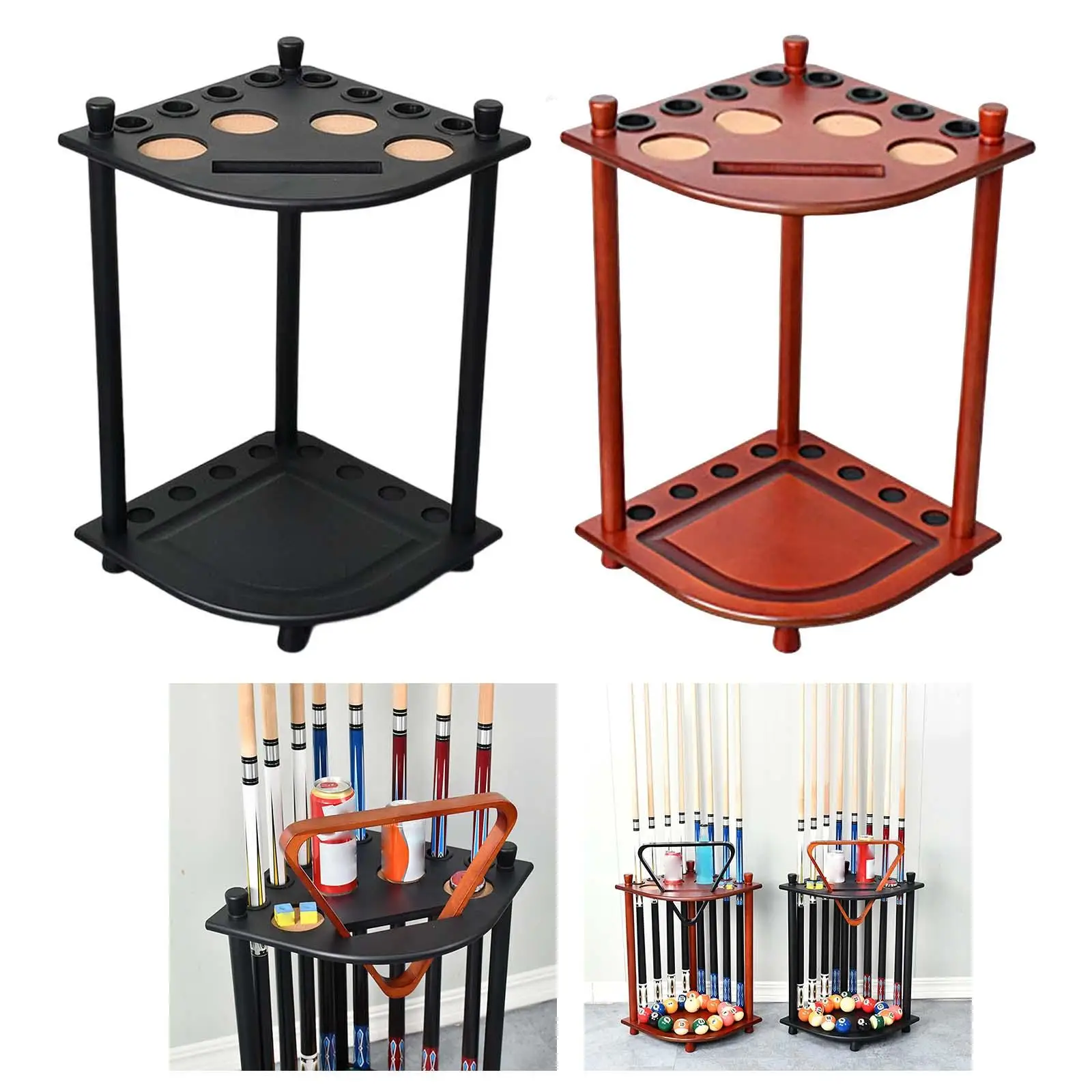 

Billiards Pool Cue Rack Solid Wood Floor Stand W/ Drink Holder Billiards Accessories