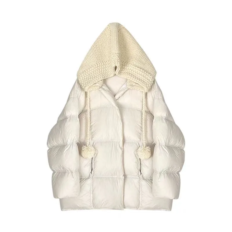 Women's Models Fall Winter Coat Coat Down Jacket Hooded Mid-length White Duck Down Inner Take Round Neck Warm Retro Simple Soft