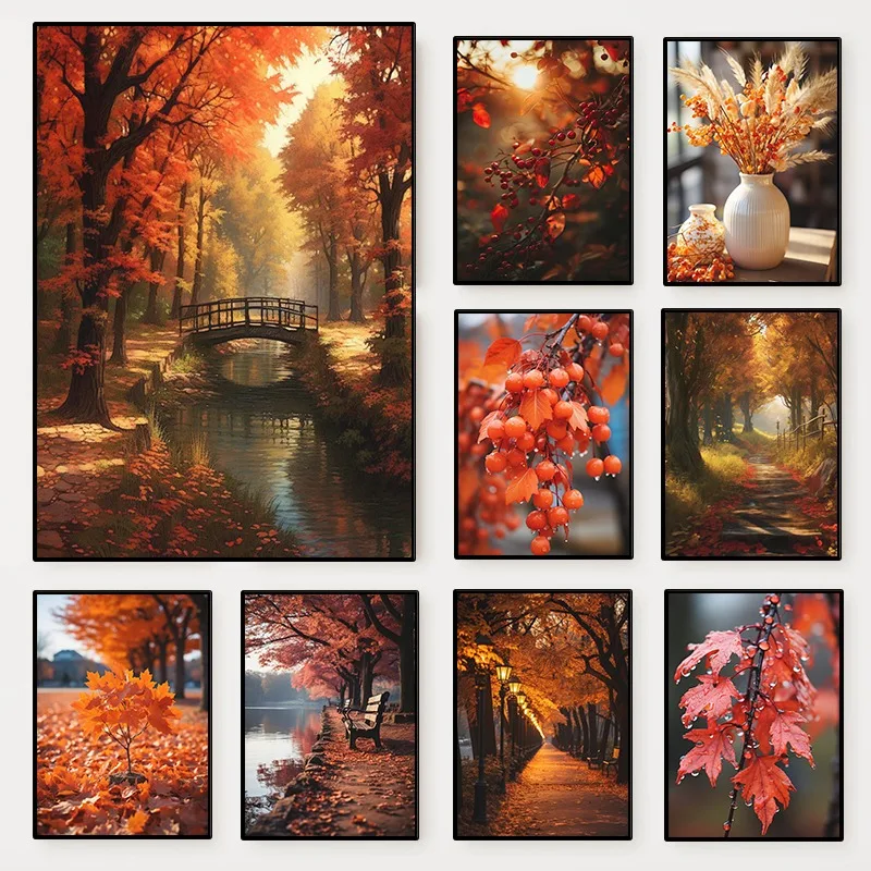 1pc Modern Autumn Natural Scenery Poster Fall Red Berries Leaves Botanical Canvas Painting Wall Art for Living Room Home Deco