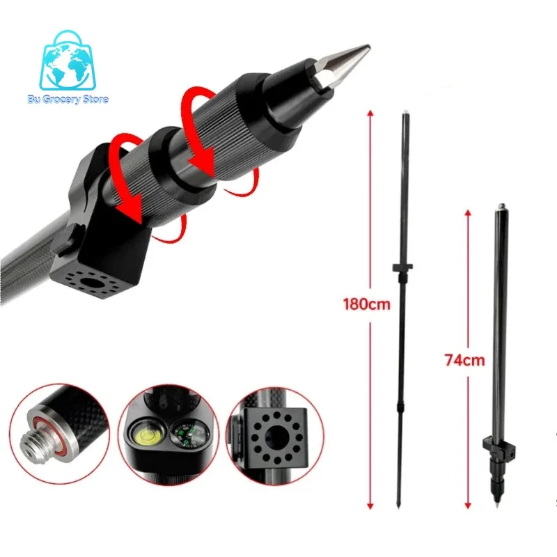 Carbon Fibre Pole 74-180cm 3-section Telescopic Centering Pole Portable RTK GPS Prism Surveying Rod Aluminum Alloy 5/8x11 Thread